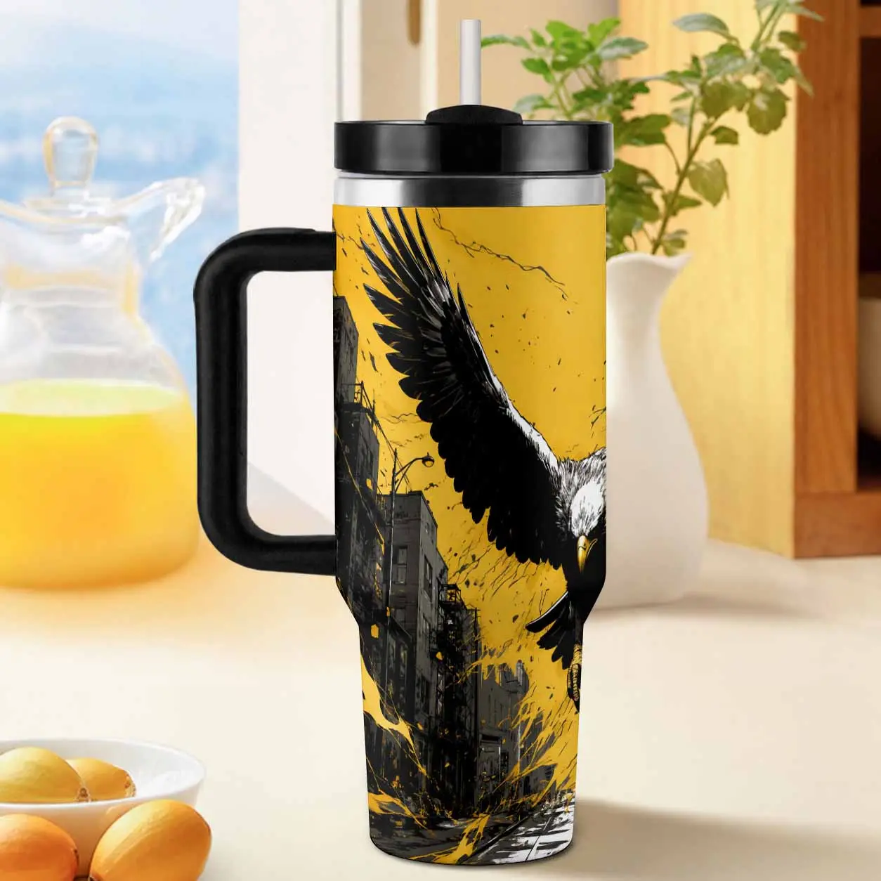 Eagle 40oz Tumbler. Majestic Flying Eagle Print. Double Wall Vacuum Insulated. Stainless Steel Spill Proof Travel Mug. Suitable for Daily Commute and Outdoor Camping. Heat Retention. Cold Preservation. Sturdy Handle. Wildlife Lover Gift.