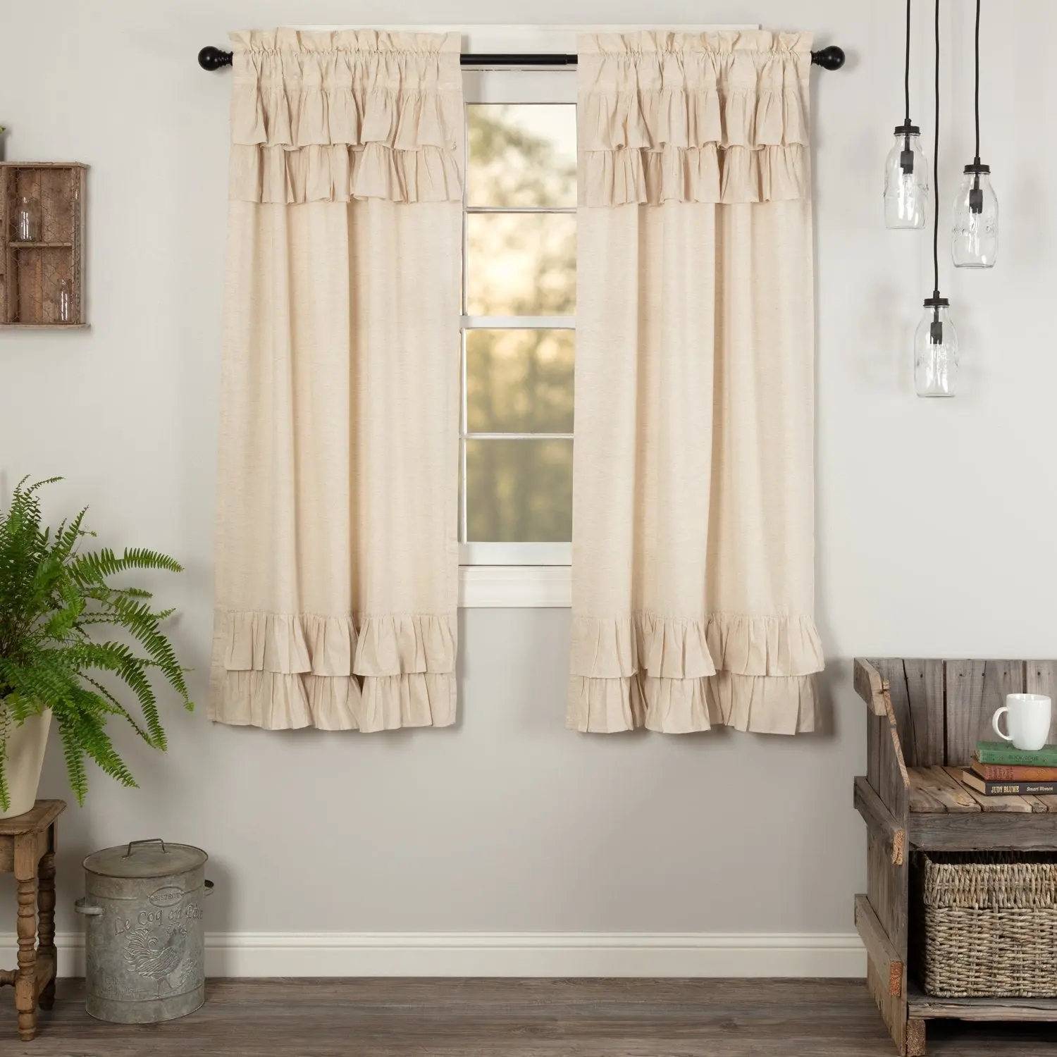 Simmington Natural Ruffled Short Panel Curtains, 2-Layer Double Layer Curtain for Windows, Window Hanging Soft Furnishing