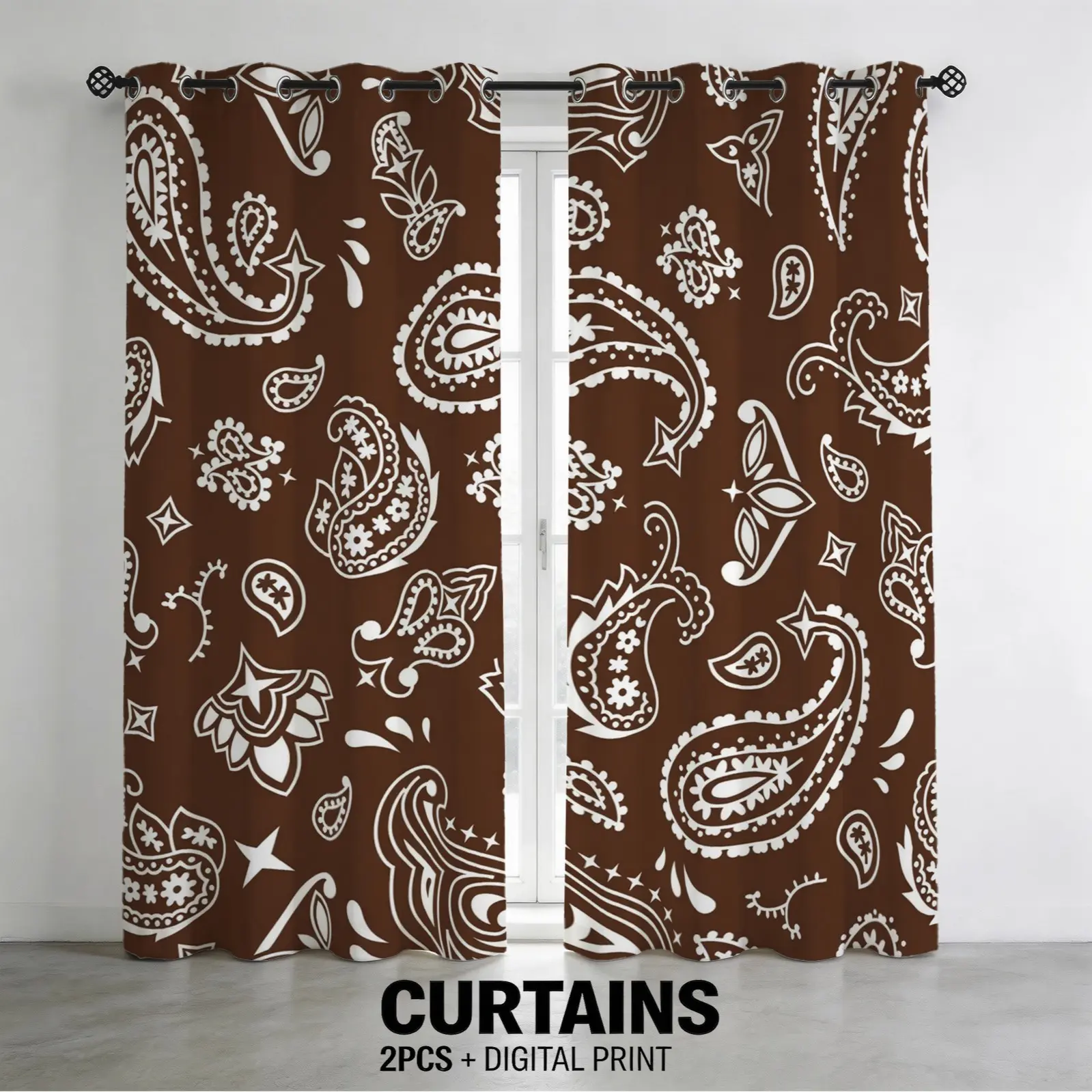 2PCS Paisley Print Curtains, Brown Bandana Boho Style Single-Sided Printed Blackout Curtains, 80% Light Blocking, Decorative Window Drapes for Bedroom, Living Room & Dorm, Ideal Gift Choice