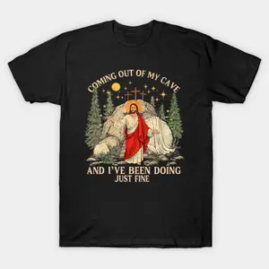 Jesus Coming Out Of My Cave And I've Been Doing Just Fine T-Shirt Menswear Shortsleeve Tropical Crewneck Casual