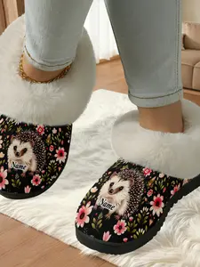 Hedgehog Floral Printed Cotton Slippers, Fresh Forest Style, Plush Thick Edge Fleece Lining, Home Men Women Autumn Winter Warm Shoes