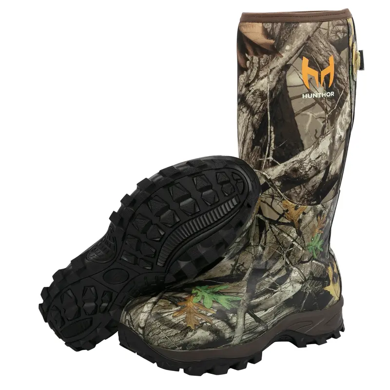Men's Basic Hunting Boots - 6mm Neoprene Rubber, Waterproof, Airflow Insulated, Camouflage Print, Closed Adjustable Back Gusset, EVA Midsole, Slip-Resistant, Breathable, Round Toe, All Seasons (Sizes 7-14, Size 10 Available)