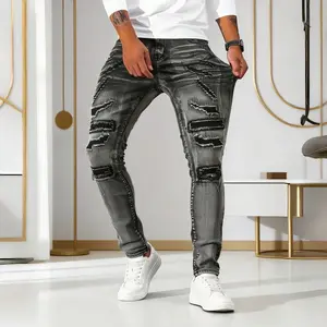 Clean Gent men’s American street hip-hop layered patchwork jeans, made from skin-friendly cotton that wicks sweat, slim straight fit with a high-street vibe, combining design flair and everyday wearability—Father’s Day gift.
