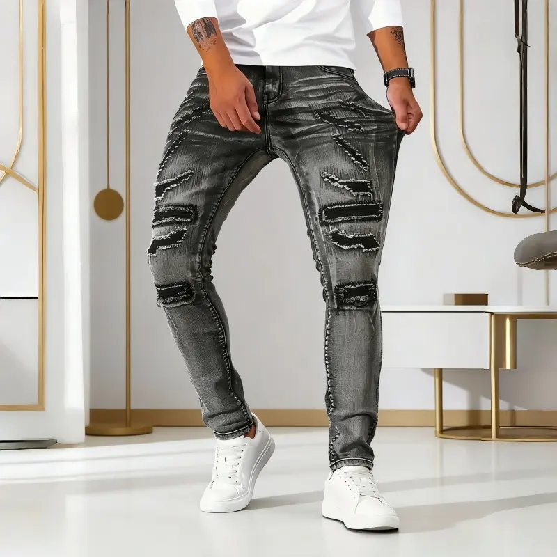 Clean Gent men’s American street hip-hop layered patchwork jeans, made from skin-friendly cotton that wicks sweat, slim straight fit with a high-street vibe, combining design flair and everyday wearability—Father’s Day gift.