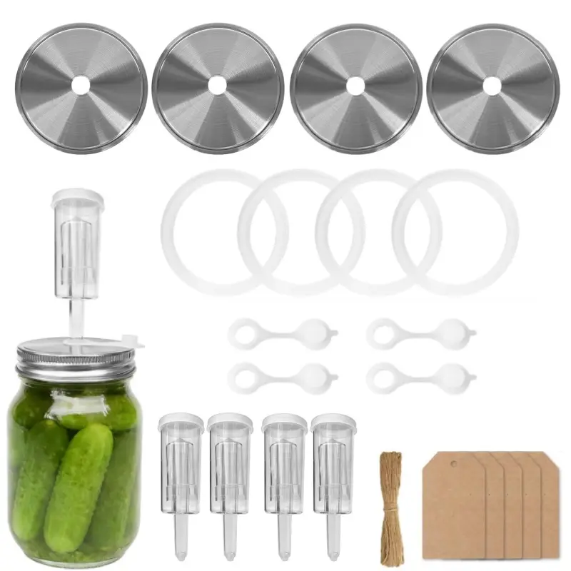 4 sets of wide mouth Mason jar fermentation kit, including 4 stainless steel fermentation covers, 4 air locks, 4 silicone rings, and 4 silicone gaskets, equipped with 50 labels and 50 hemp ropes for easy fermentation and storage