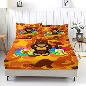 Camouflage Monkey Pattern Fitted Sheet Set, 3Pcs Flowers Bedding Set, Soft Microfiber Fabric, Cozy Breathable, All Season Use, for Bedroom, Dorm, Great for Anime Lovers. Includes 2 Pillowcases, No Pillow Core