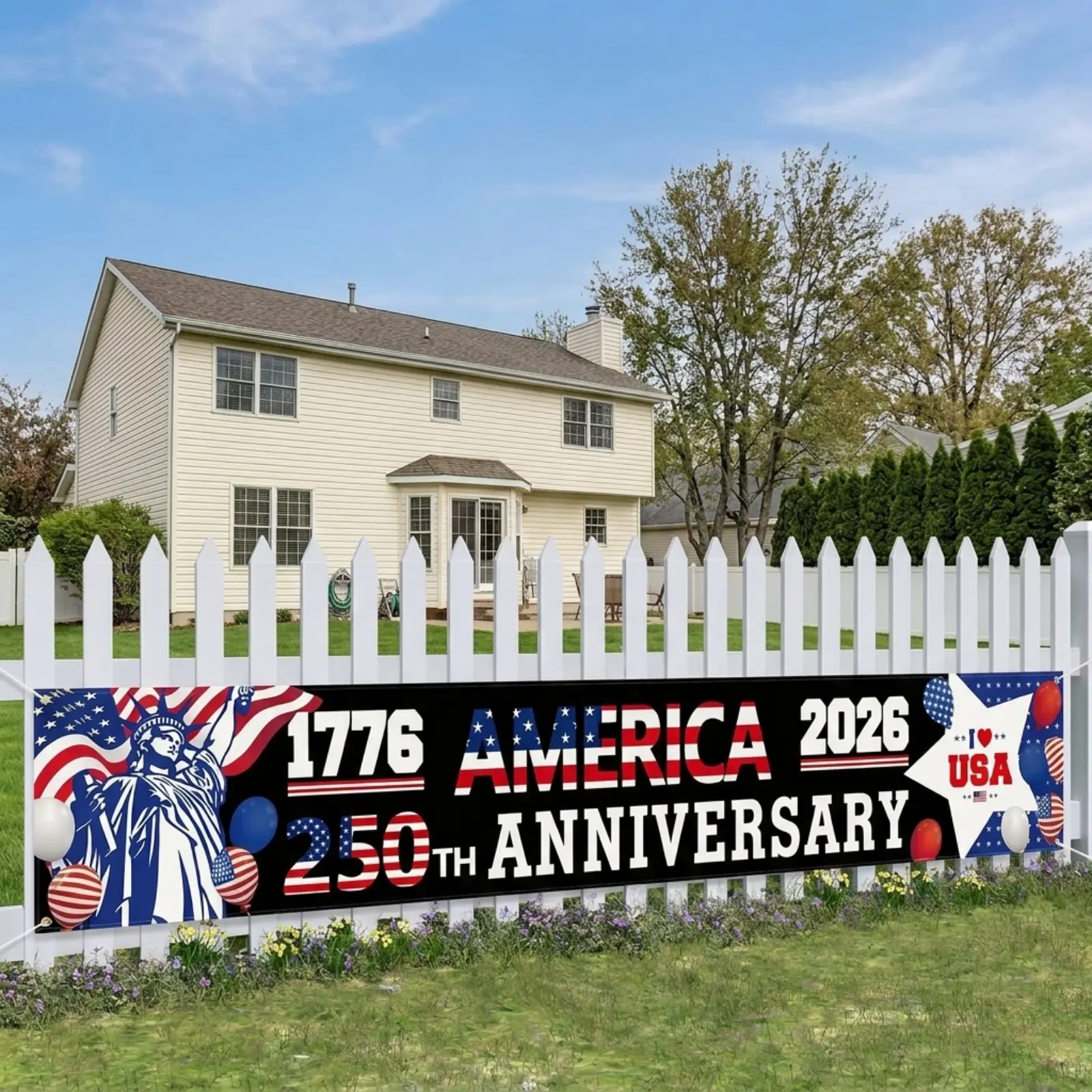250 Anniversary Banner American 1776-2026 250th Anniversary The Statue of Liberty Balloons Patriotic Party Supplies Home Decorations for Outdoor, Indoor, Yard, Garden, Porch, Lawn