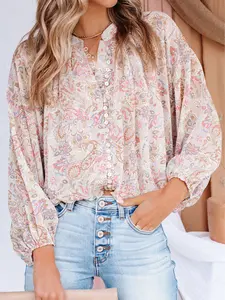 Pink Paisley Print Buttons Bubble Sleeve Blouse
