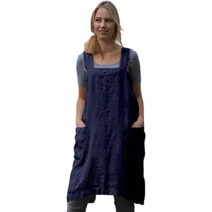 Women's Pinafore Square Apron Baking Cooking Gardening Works Cross Back Cotton/Linen Blend Dress with 2 Pockets