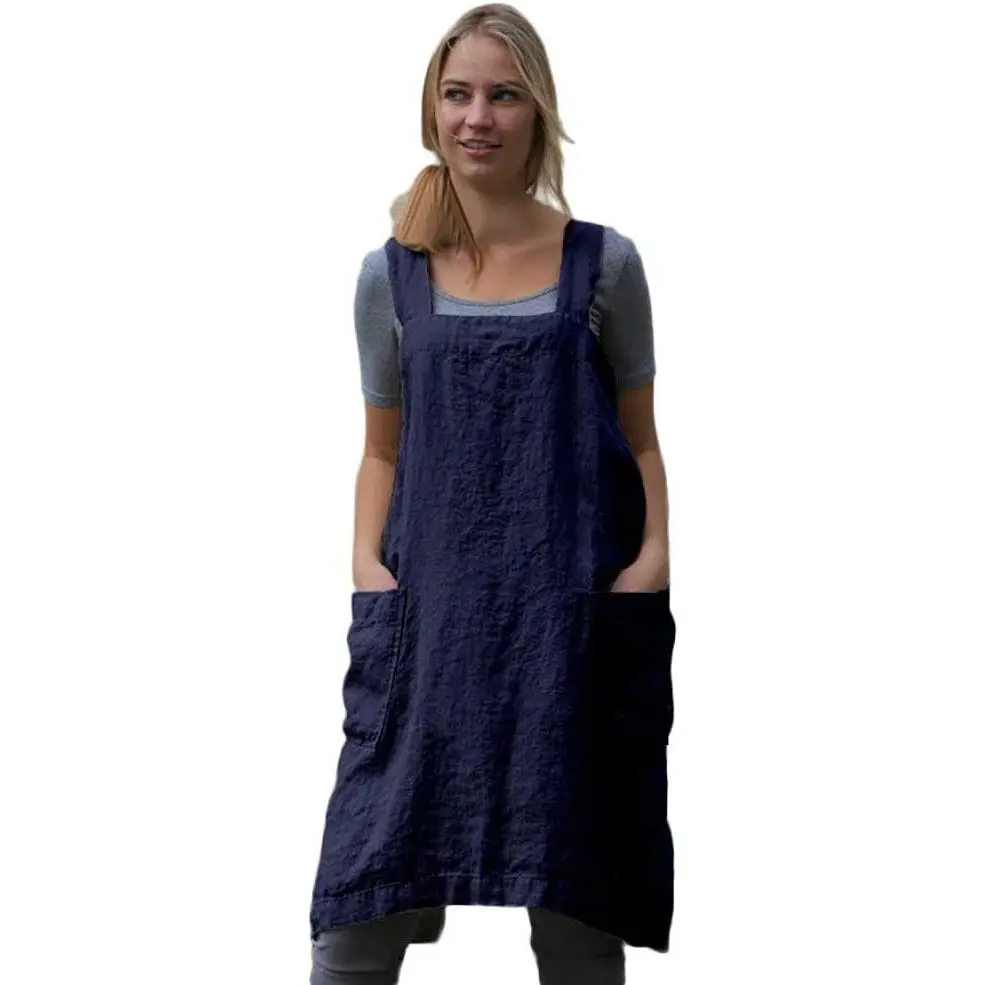 Women's Minimalist Cross-Back Cotton-Linen Blend Pinafore Apron with 2 Pockets - Waterproof, Casual Home Supplies for Baking, Cooking (Birthday, Engagement Gifting Options)