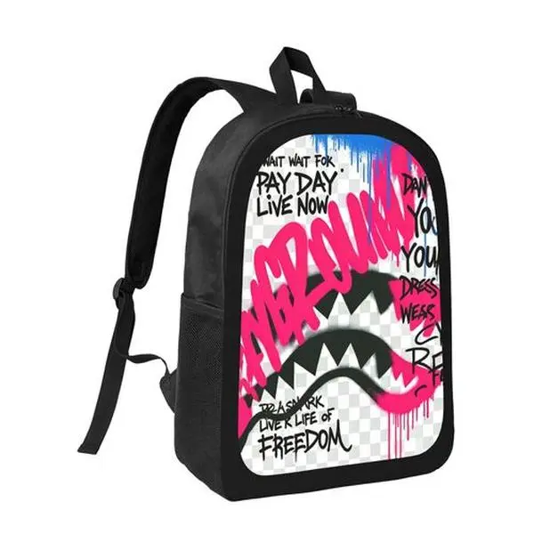 Sprayground-Style Graffiti Shark Mouth Backpack - Pink Street Art Checkerboard Print, Lightweight Polyester, Large-Capacity Laptop Backpack for Teens, Hip Hop Streetwear Travel Daypack