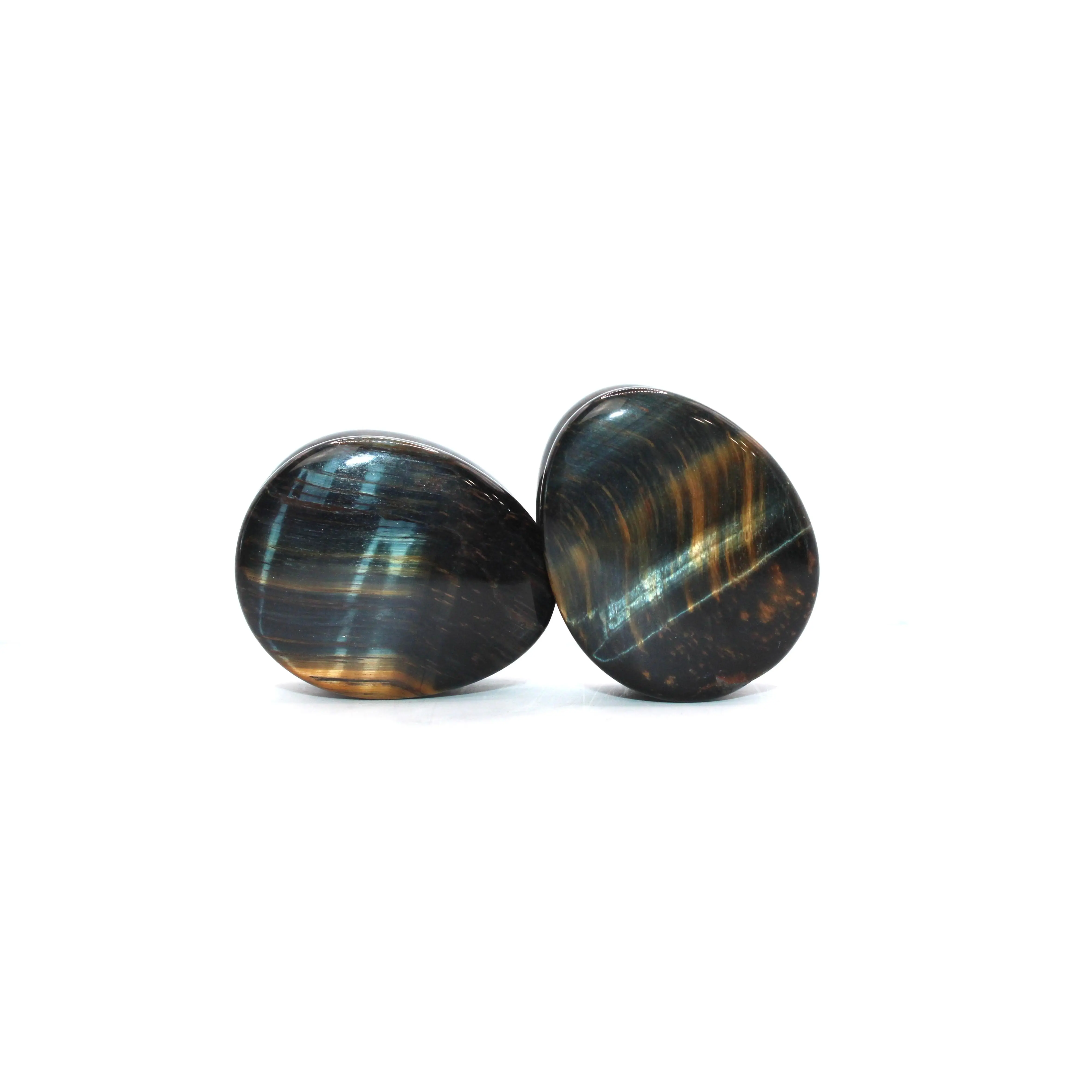 Tear Drop Blue Tiger Eye Plugs Pair, Handcrafted Double Flare Gauges, Genuine Gemstone Body Jewelry with Shimmering Chatoyance, Gems For Piercings