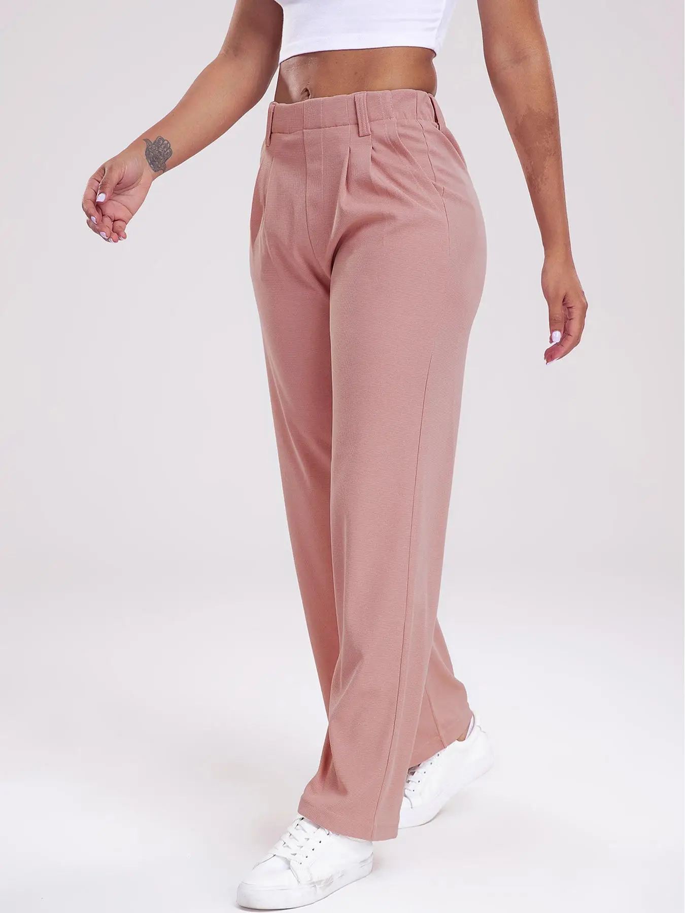 Women's Plain Plicated Pocket High Waist Wide Leg Pants, Casual Elastic Waist Trousers for Yoga Gym Workout Running, Airport Outfit, Ladies Sportswear