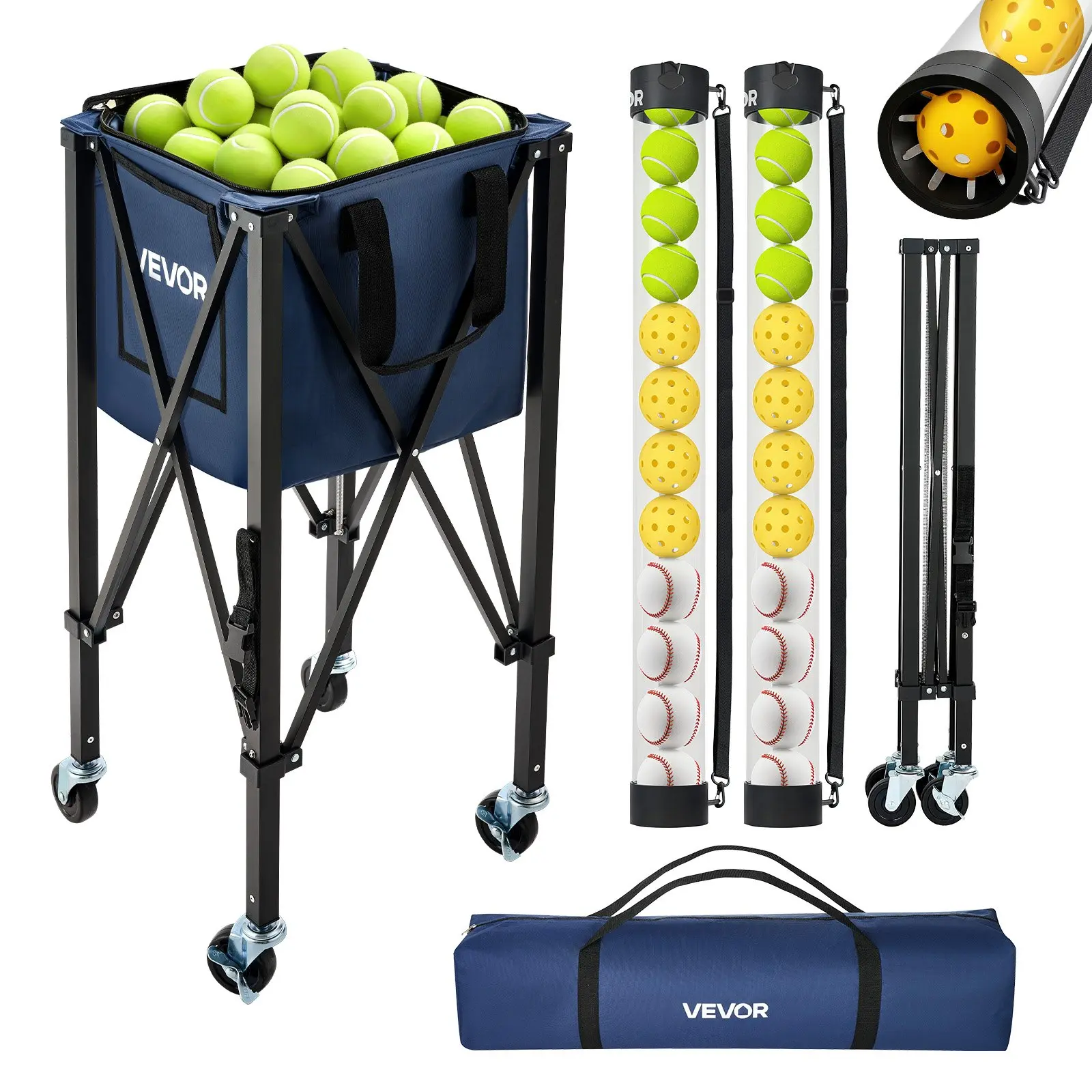 VEVOR 2-in-1 Tennis Pickleball Hopper, with Pickup Tube, Foldable Pickleball Basket Cart with with Wheels, Holds 150 Tennis Balls or 260 Pickleballs, Portable Pickleball Caddy Holder, for Training