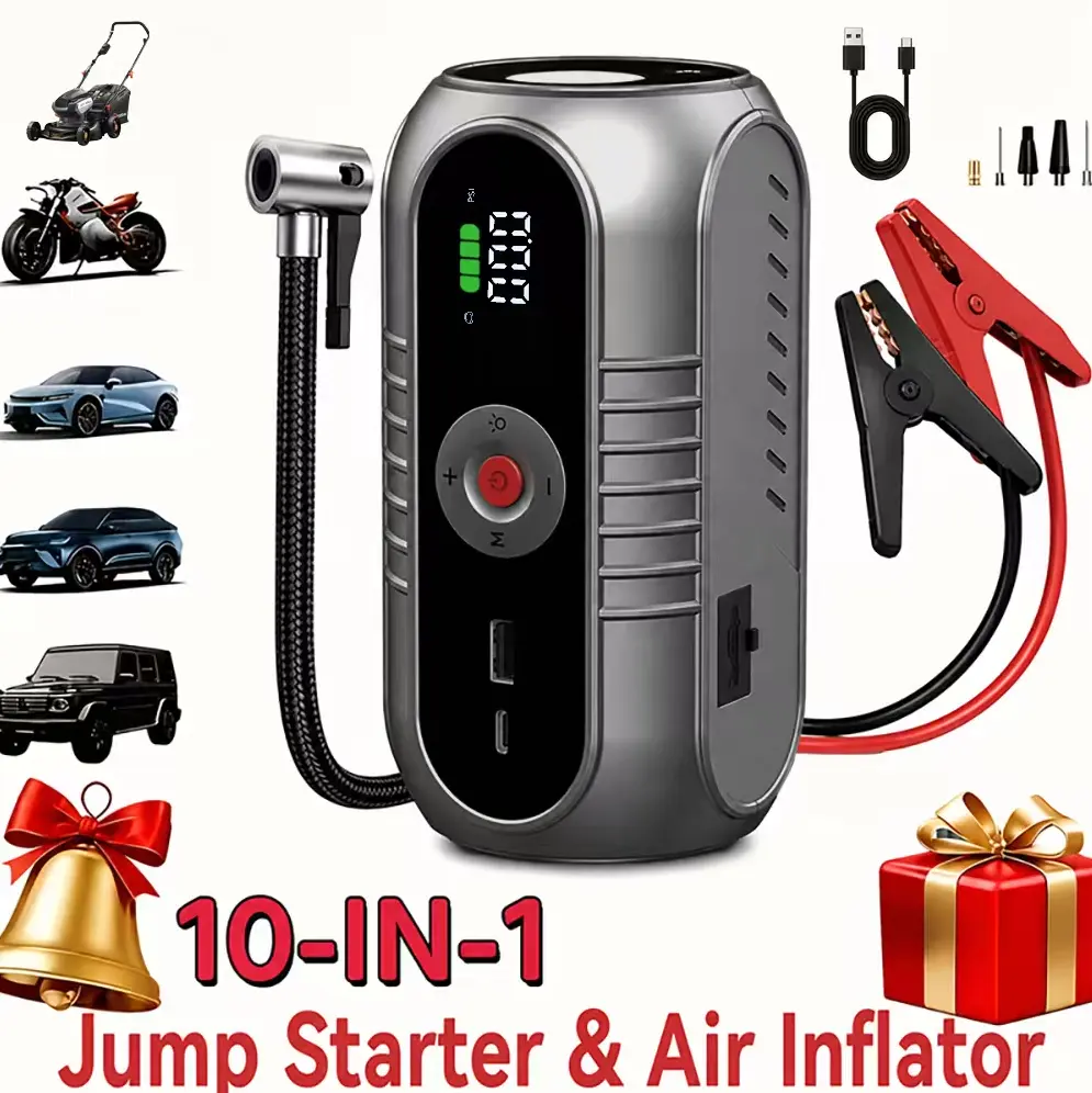 BRAWHOOHE 10-in-1 Functionality Portable Car Emergency Jump Starter with Tire Inflator - Portable Unit, Emergency Start, Car Escape Tool, USB Charging, LED Light, Digital LCD Display, Cable, Box, 30-Day Unconditional Return