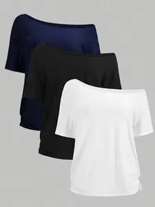 Multicolor One Shoulder Loose Side Knot Short Sleeve T-Shirt, Casual Lazy Style Basic Top, Fitted Cartoon Geometric Letters Design