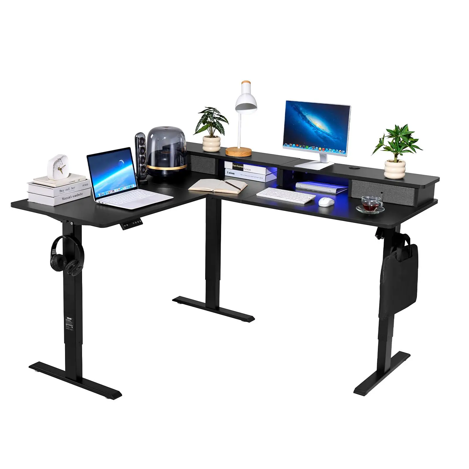 VEVOR Large Size Steel Frame Corner Shape L-Shaped Gaming Desk, Electric Height Adjust Computer Table with CPU Stand, Dual Hooks, Fabric Drawers, Light Strip, 2 USB Ports for Home Office, Easy to Assemble, Black#BackToSchool