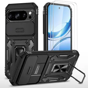 Pixel 10 & 10 Pro Case with Ring Stand, Slide Lens Cover & Screen Protectors, Black