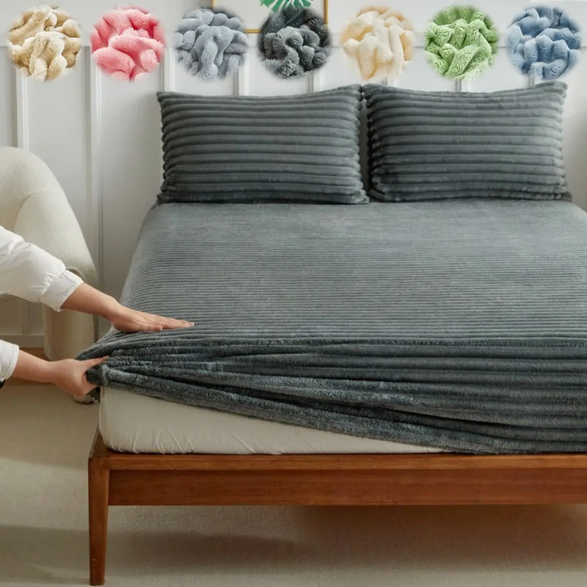faux rabbit fur striped bedding set, Bedding sheets, bedsheet sets, bed sets, soft and warm fitted sheet with 1/2 pillowcases, solid color three-piece sheet set, suitable for all seasons, perfect for home spaces, the ideal gift for the holidays