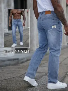 Men's Lightweight Breathable Straight Leg Jeans, Light Blue Classic Fit Elastic Denim Jeans, Vintage Wash Comfortable Summer Casual Jeans
