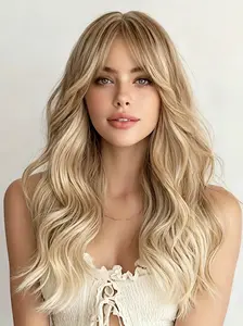 Mixpop Blonde Highlight Wavy Wig, 28 Inches Long Natural Curly Synthetic Wig, Middle Part Wigs Heat-Resistant Wig, Suitable for Daily and Party Wear