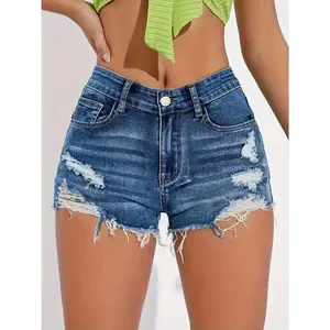 Women's Distressed Denim Shorts, High-Waisted Ripped Hem, Slash Pockets, Mid-Stretch Washed Blue Jean Shorts - Elegant Summer Casual Wear, Spring Fashion Shorts |     Frayed Edge Denim |     Stylish Distressed Details, High Waisted Shorts