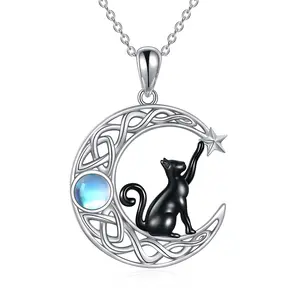 Black Cat Moonstone Necklace, 925 Sterling Silver Crescent Moon Pendant, Magical Jewelry for Her, Graduation Gift Necklace For Women