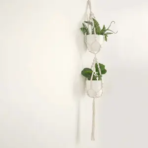 2-Tier Cotton Rope Hanging Planter Basket Double Ivory with Tassels - Indoor Boho Flower Pot Holder