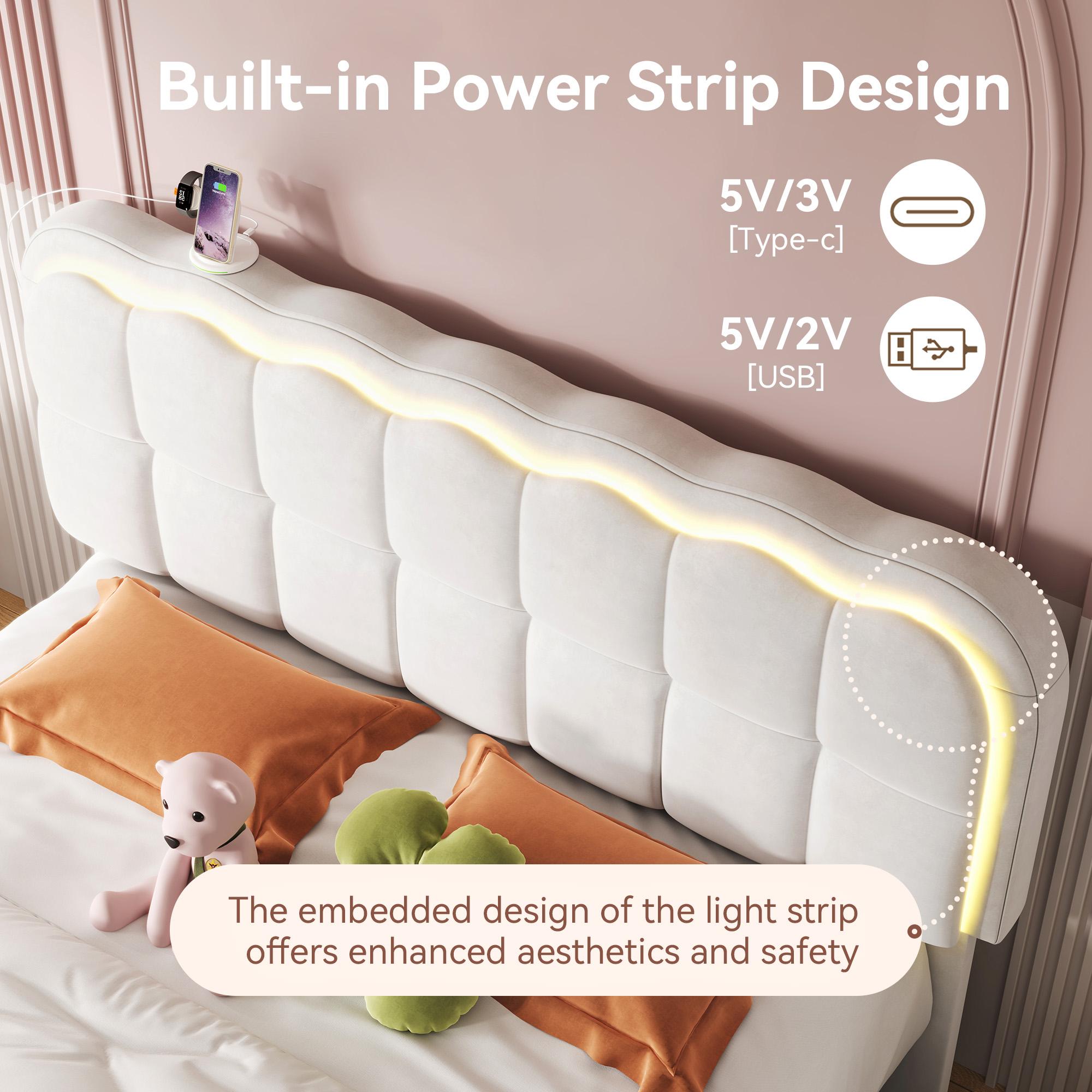 Queen Bed Frame with Headboard and LED Lights, 4-Drawer Storage, ,Charging Station, No Noise, Upholstered Fabric Platform Bed, No Box Spring Needed (Beige, Queen (U.S. Standard))