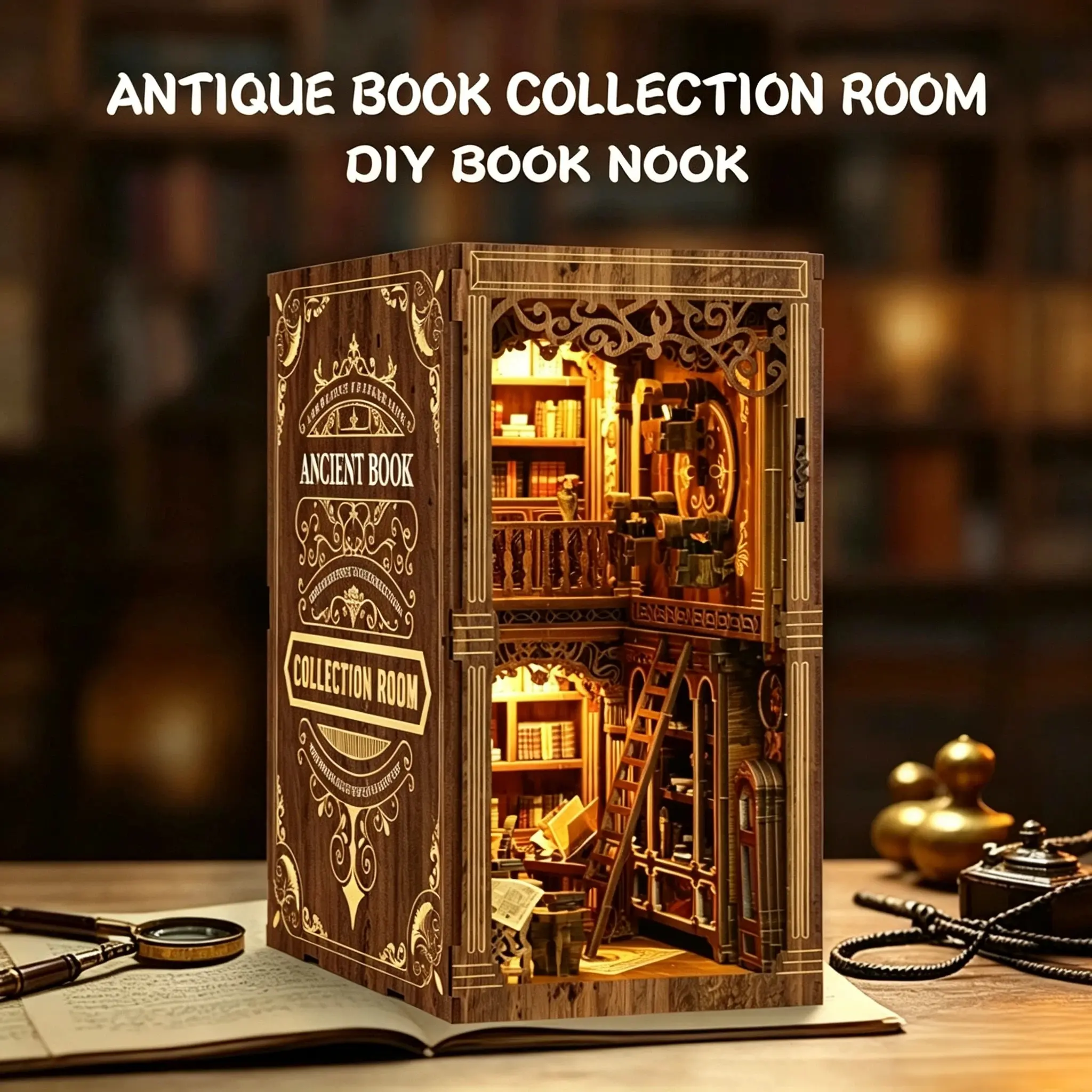 DIY Vintage Ancient Library Book Nook Kit - 3D Wooden Puzzle Bookend with LED Lights, Retro Study Craft Decor, Gift for Book Lovers
