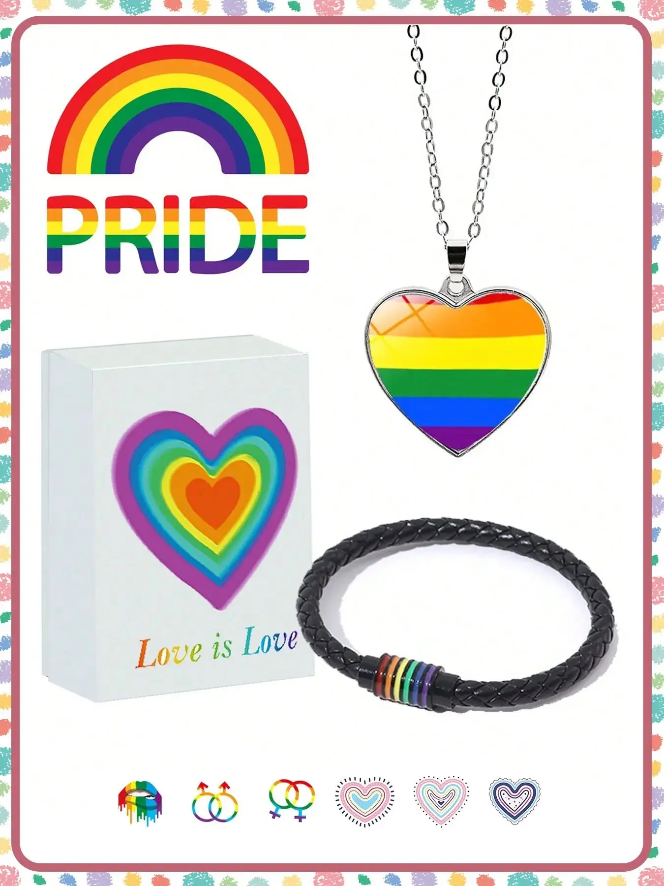 Pride Month Jewelry Gift Box Set, Rainbow Necklace and Bracelet for Men and Women, Magnetic Fashion Bracelet, LGBT Theme, Suitable for All Seasons, Exquisite Gift Box
