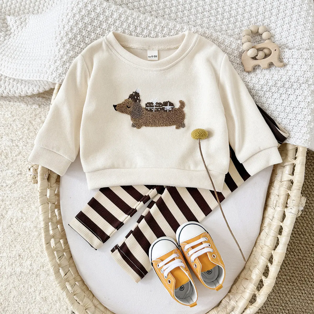 2-Piece Original Set for Unisex Baby, Cozy Apricot Sausage Dog Hoodie and Soft Striped Pants for Spring Fall, Outfits, Animals, Long Sleeve, Trousers, Soft Knit, Warm Hoodie + Pants, Striped Comfy Pants