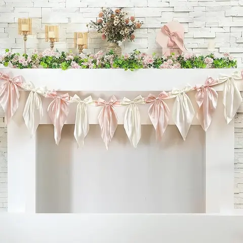 Pink Bow Garland Banner with Hanging Swirls - Festive Party Decoration for Coquette Birthday, Bridal Shower, Easter Home Supplies