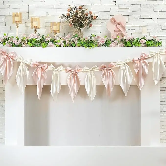Pink Bow Garland Banner with Hanging Swirls - Festive Party Decoration for Coquette Birthday, Bridal Shower, Easter Home Supplies