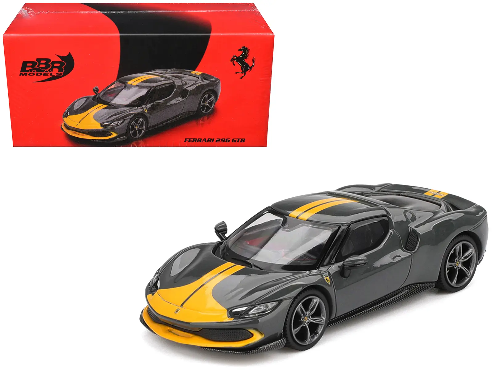 Ferrari 296 GTB Assetto Fiorano Grigio Scuro (Dark Gray) with Yellow Stripes 1/64 Diecast Model Car by BBR Models