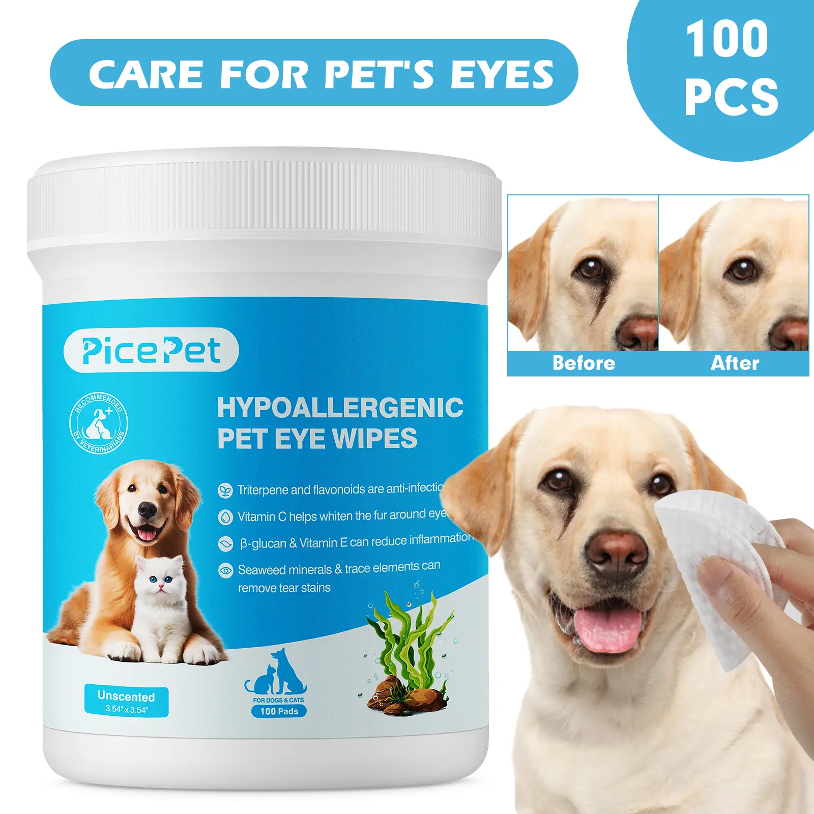 Pet Eye Wipes 100pcs Hypoallergenic Grooming Wipes for Dog & Cats, Clean Plant-based Tear Stain Remover Remedy for Discharge, Crust, Allergies