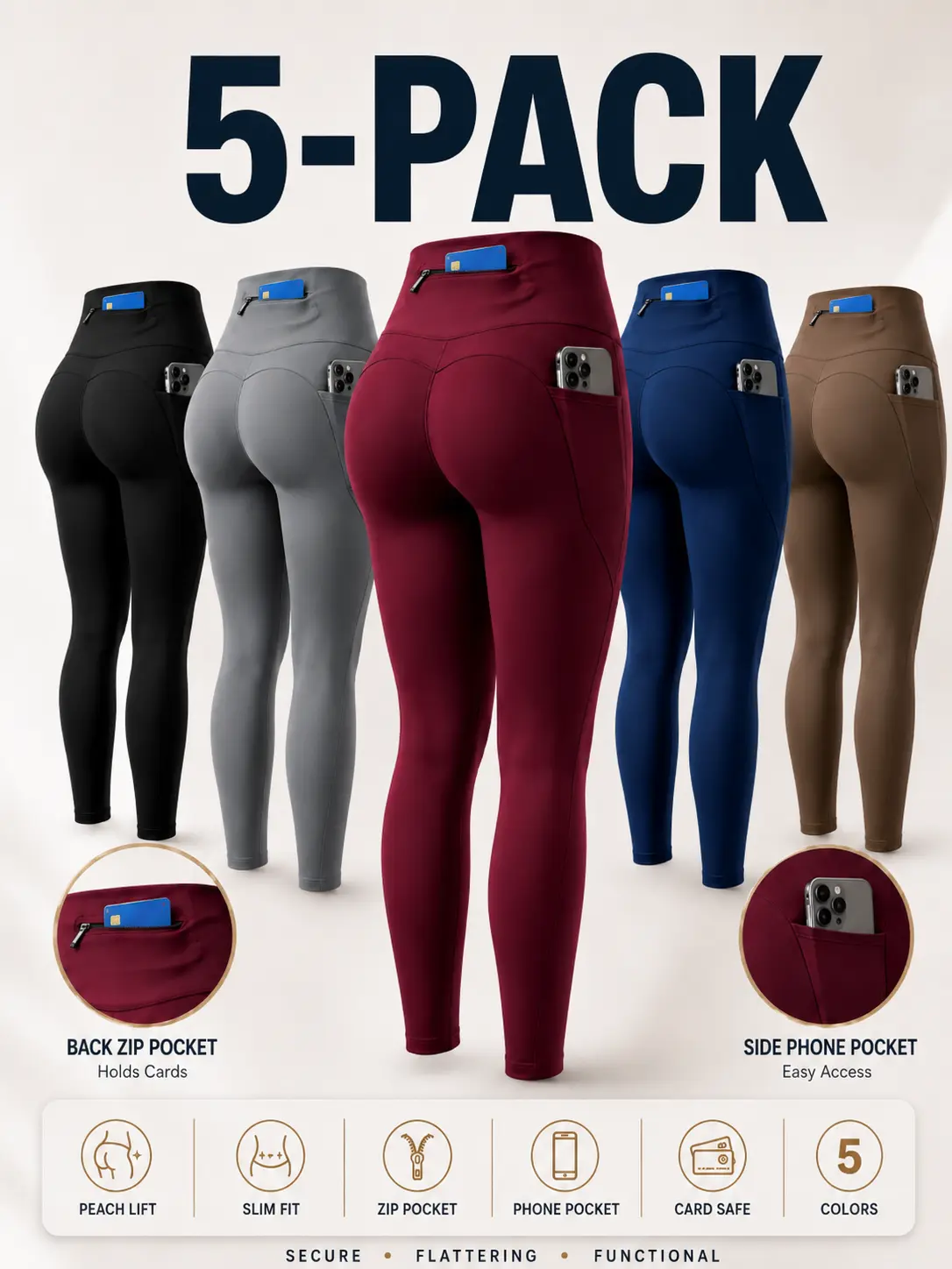 5 Pack High Waisted Leggings for Women - Zipper Pockets Moisture Wicking Butt Lifting Workout Yoga  fitness pant