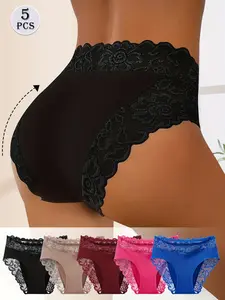 5 Pcs Women's Bikini Underwear Set, Semi-Transparent Low Waist Sexy Lace Thong Panties, All Seasons Fitted Undergarments, Bikini Sets