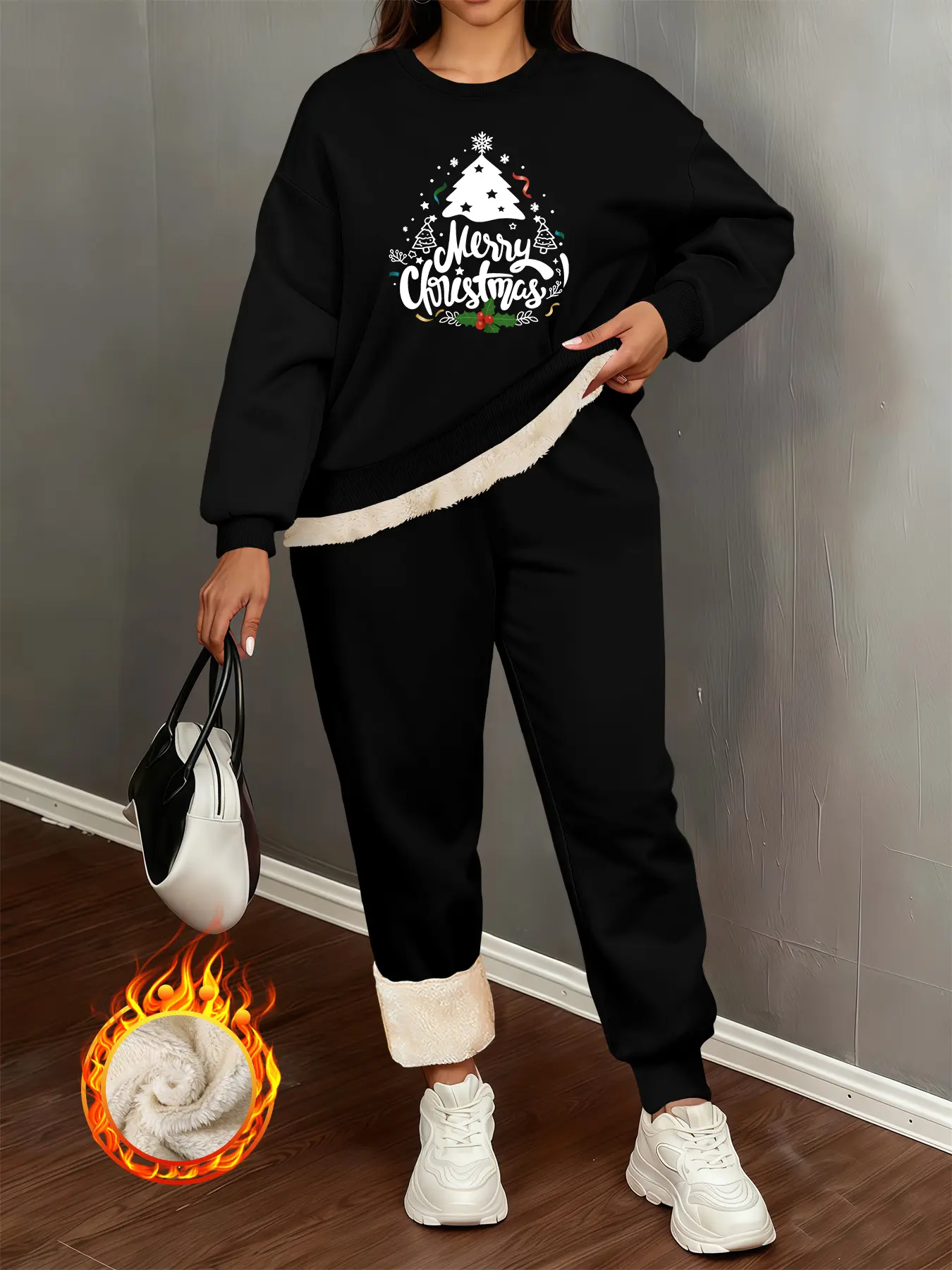 Plus Size Lamb Fleece Fashion Set, Round Neck Loose Fit Warm Two-Piece, Cartoon Christmas Tree Print, Casual Holiday Cute