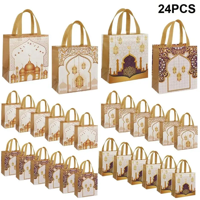 Nonwoven Religious Muslim Eid Mubarak Gift Bags with Handles (4-24Pcs Set2), Cookie Packing Candy Bags for 2026 Ramadan Islamic Festival Party Supplies, Muslims