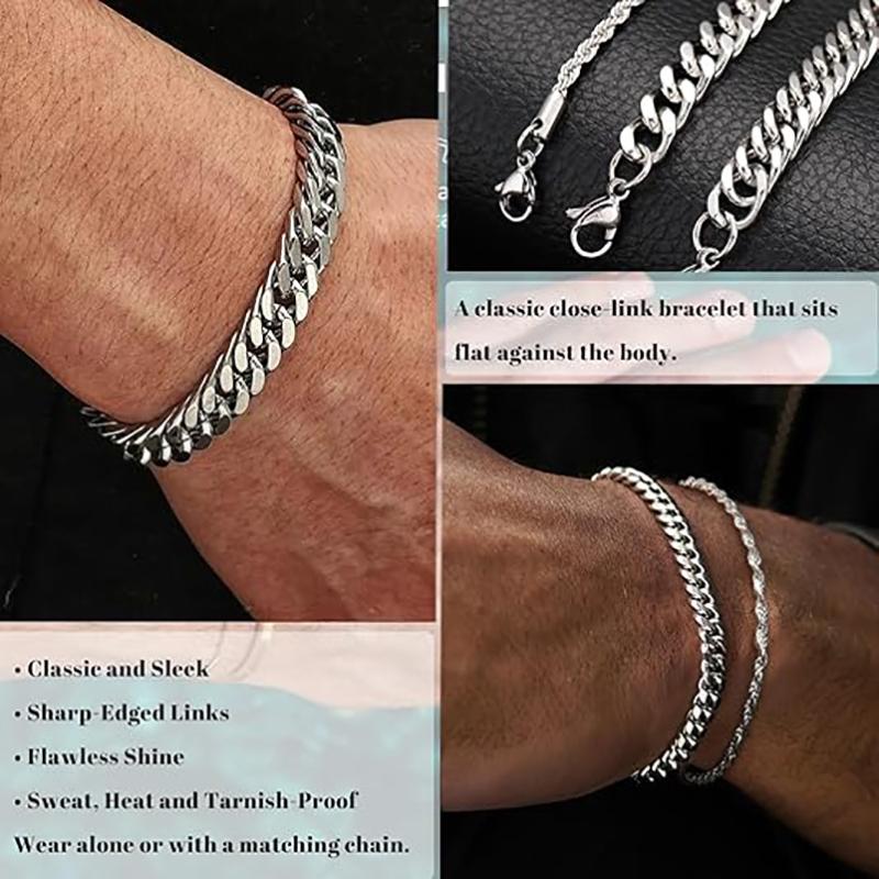 3Pcs Stainless Steel Bracelets for Men, Gold/Silver Mens Chain Bracelet 7.8 Inches Mens Stainless Steel Cuban Link Bracelets Set