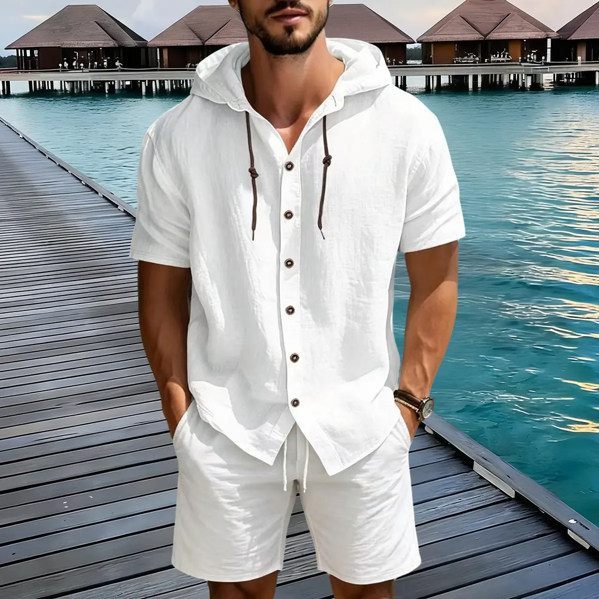 Men’s lightweight two-piece set with a hood, casual vacation style, loose and breathable thin fabric, hooded sweatshirt and wide-leg pants, for summer wear,father'sdaygifts
