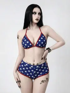 ZESTIVA Goth 26 Season Summer Independence Day Sports Sexsy National Flag Style Blue And White Stripe Bikini 2 Pieces Set,  Women's Swimwear Arrival Holiday Pool Party  Beach