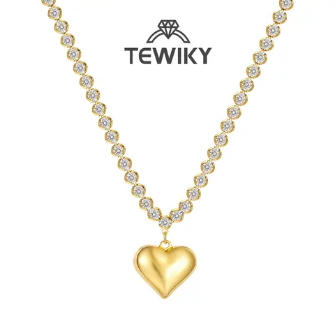 TEWIKY 14K Gold Plated 4mm Round Cubic Zirconia Chain with 18*15mm Smooth Chubby Heart Pendant Necklace, Birthday Gift, Elegant and Fashionable Women's Jewelry Necklace, Suitable for Various Occasions Back To School