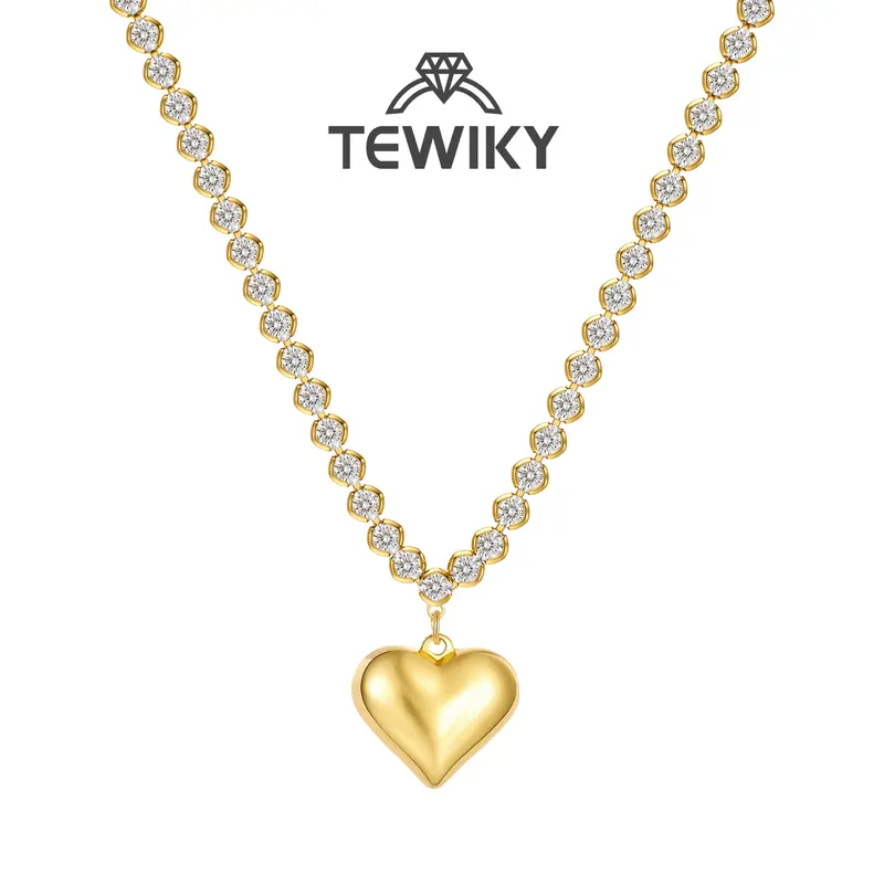 TEWIKY 14K Gold Plated 4mm Round Cubic Zirconia Chain with 18*15mm Smooth Chubby Heart Pendant Necklace, Birthday Gift, Elegant and Fashionable Women's Jewelry Necklace, Suitable for Various Occasions Back To School