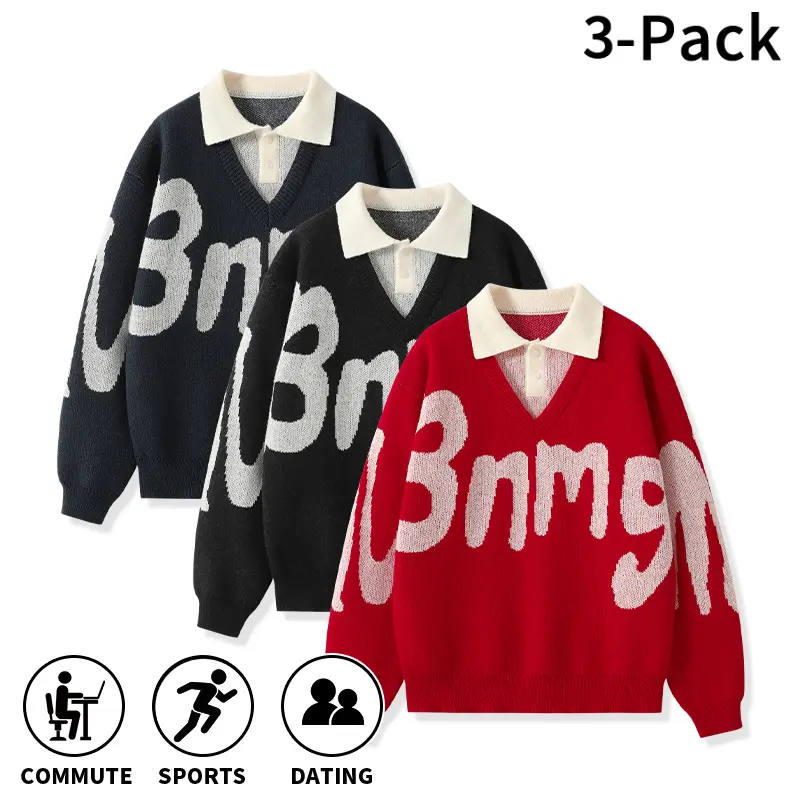 3-Pack Men’s Faux Two-Piece Polo-Collar Knit Sweaters, Oversized, Letter Graphic, Soft Knit Pullovers for Fall/Winter, Ideal for Commuting and Dating