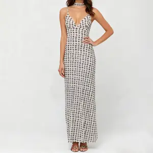 Women's Dots Print Long Dress Sleeveless Spaghetti Strap Deep V Neck Dress Summer Party Dress with Scarf