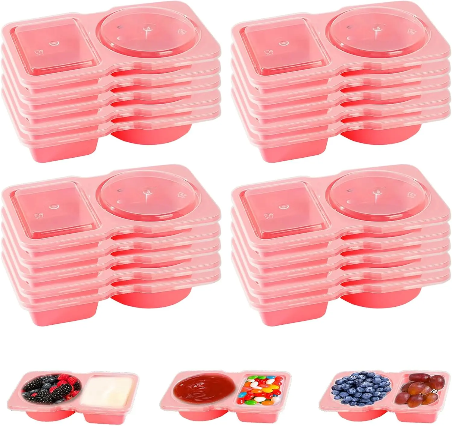Snack Containers - Pink Portion Control Containers with Lids, Reusable Double Compartment Condiment Container for Take Out Sauce, Candies, Cookies (PINK)