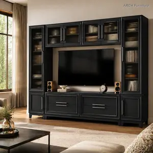 ARCH VIBE HAUS 102" W Modern Glass-Door Entertainment Wall Unit TV Cabinet Table, Minimalist Living Room Media Console with Drawers (Fits Up to 75" TVs)