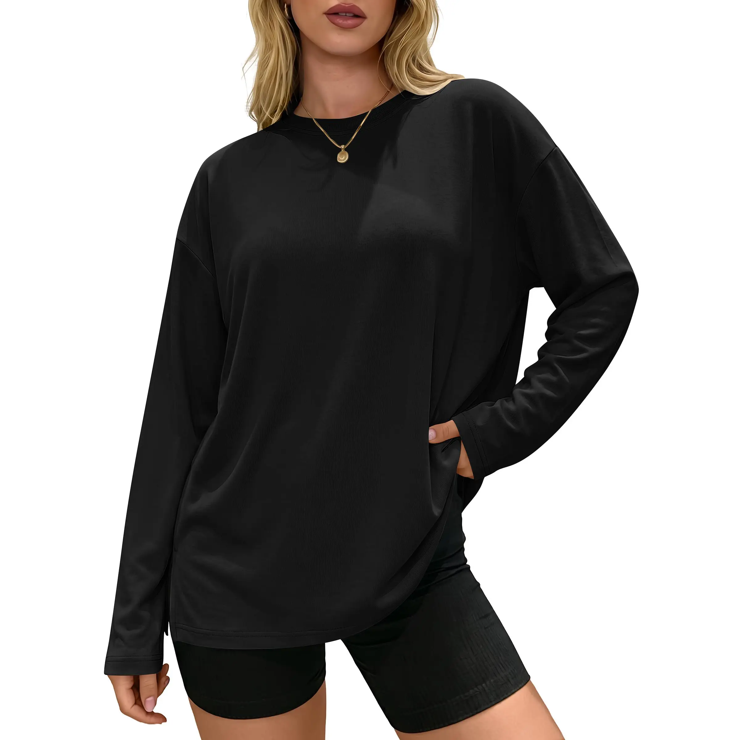 ANRABESS Womens Long Sleeve Shirts Oversized Crew Neck Tops | Soft Fleece T-Shirts,Comfy Baggy Clothing,Basic Casual Wear,Workout Going Out Tees,Y2K Teen Girls Styles,Winter Fall Layer
